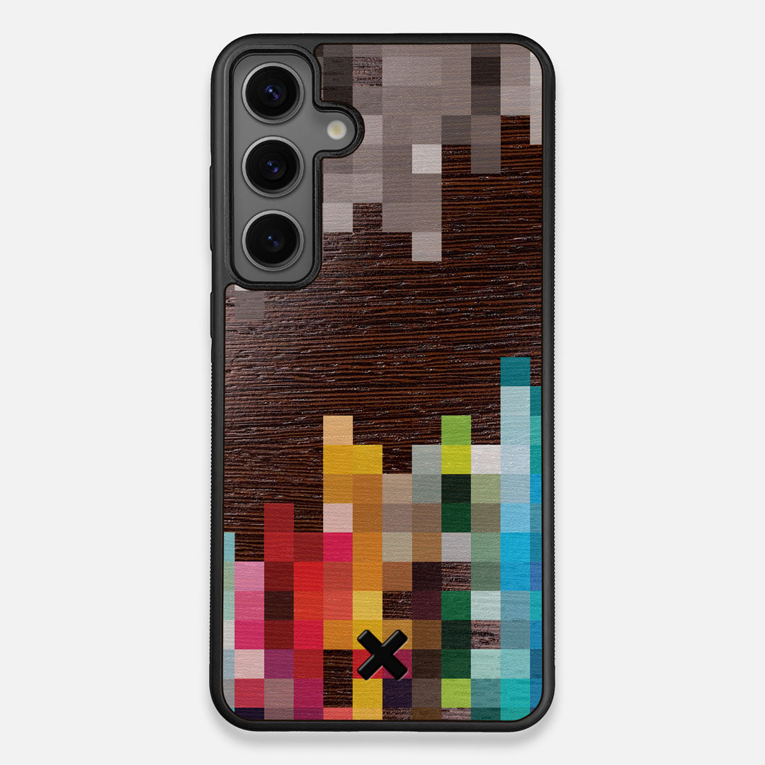 Front view of the digital art inspired pixelation design on Wenge wood Galaxy S25+ Case by Keyway Designs