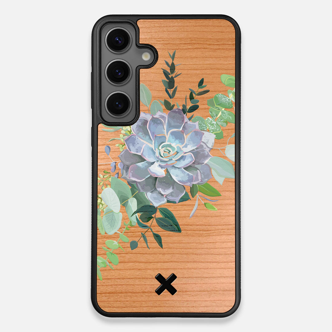 Front view of the print centering around a succulent, Echeveria Pollux on Cherry wood Galaxy S25+ Case by Keyway Designs