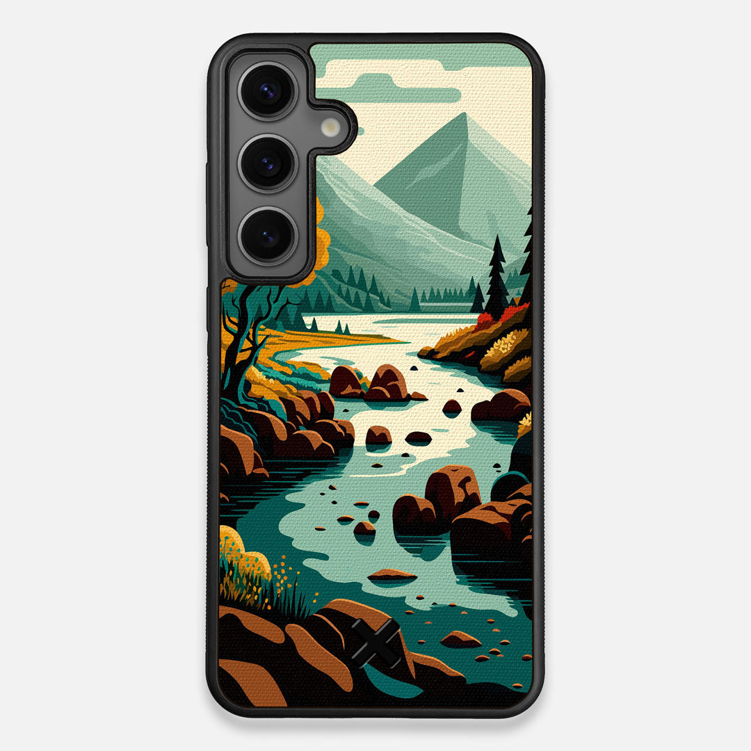 Front view of the stylized calm river flowing towards a lake at the base of the mountains printed to cotton canvas Galaxy S25+ Case by Keyway Designs