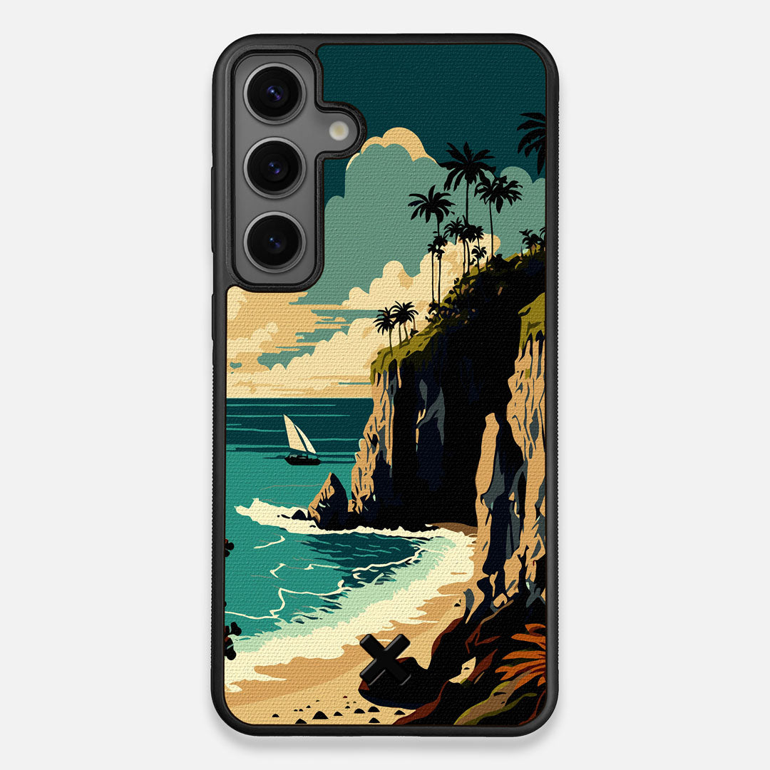 Front view of the stylized seaside bluff with the ocean waves crashing on the shore printed on cotton canvas Galaxy S25+ Case by Keyway Designs