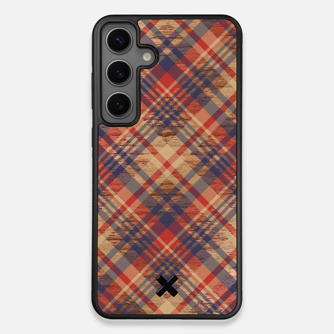 Front view of the Tartan print of beige, blue, and red on Walnut wood Galaxy S25+ Case by Keyway Designs