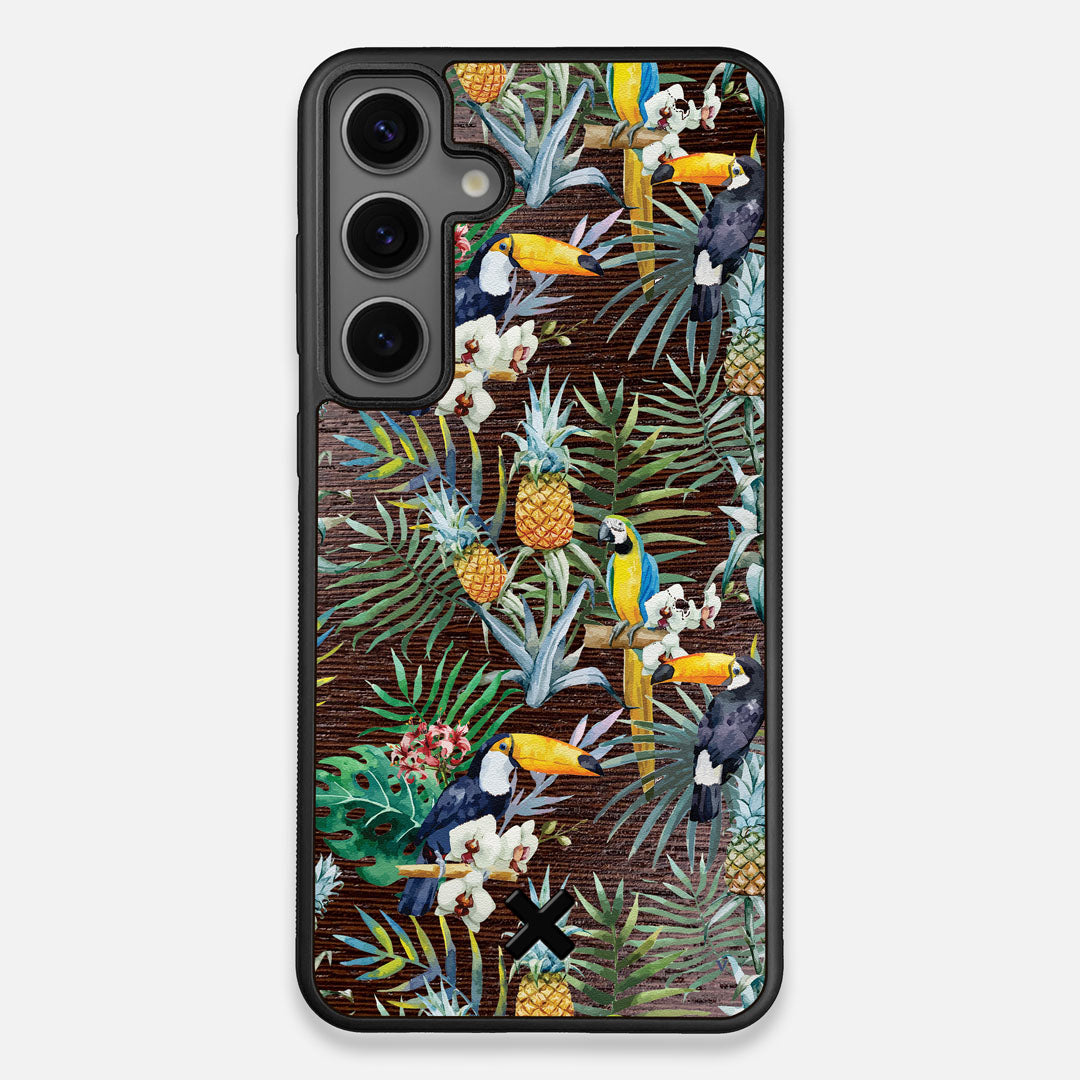 Front view of the Tropic Toucan and leaf printed Wenge Wood Galaxy S25+ Case by Keyway Designs