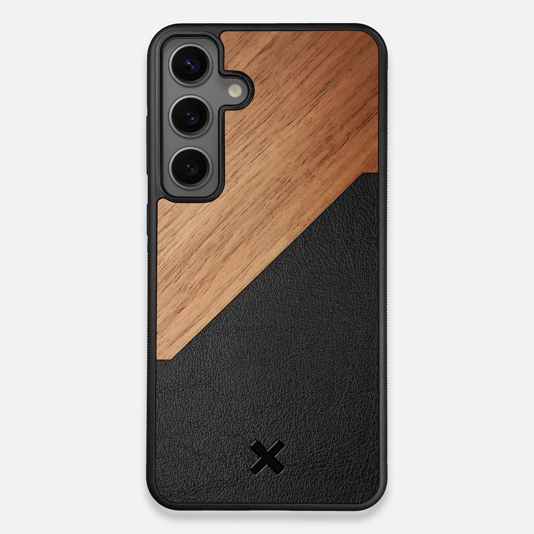 Front view of the Walnut Rift Elegant Wood & Leather Galaxy S25 Plus Case by Keyway Designs