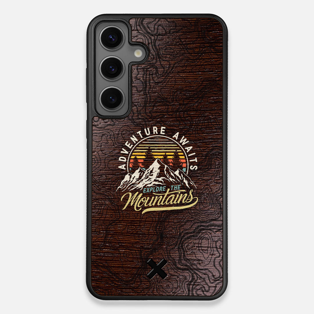 Front view of the crisp topographical map with Explorer badge printed on wenge wood Galaxy S25+ Case by Keyway Designs