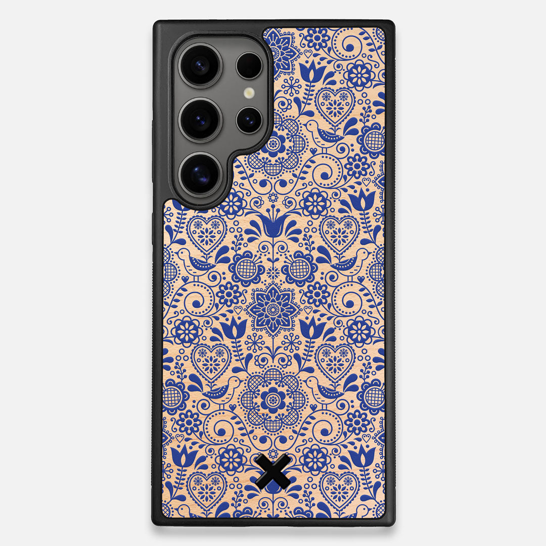 Front view of the blue floral pattern on maple wood Galaxy S25 Ultra Case by Keyway Designs