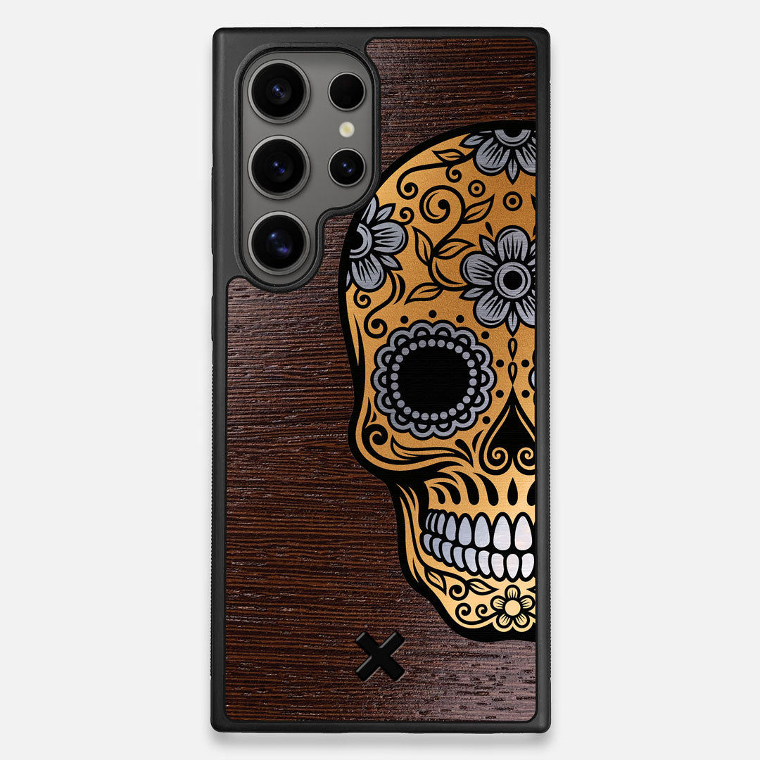 Front view of the Calavera Wood Sugar Skull Wood Galaxy S25 Ultra Case by Keyway Designs