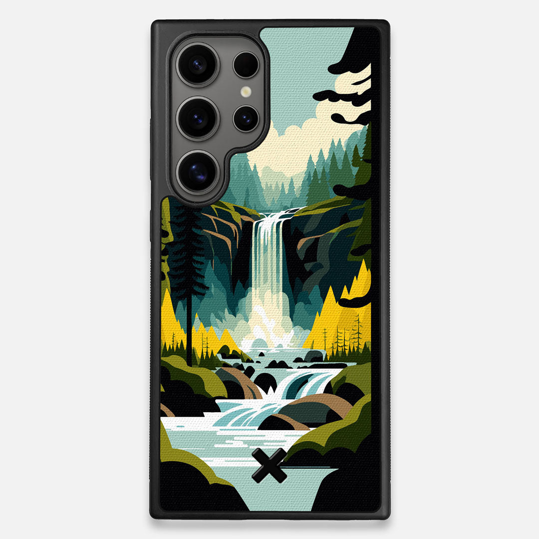 Front view of the stylized peaceful forest waterfall making it's way through the rocks printed to cotton canvas Galaxy S25 Ultra Case by Keyway Designs