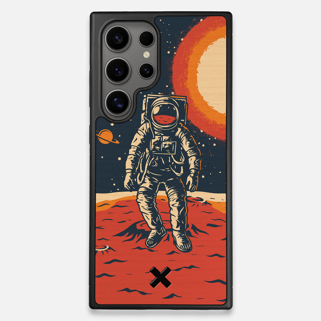 Front view of the stylized astronaut space-walk print on Cherry wood Galaxy S25 Ultra Case by Keyway Designs