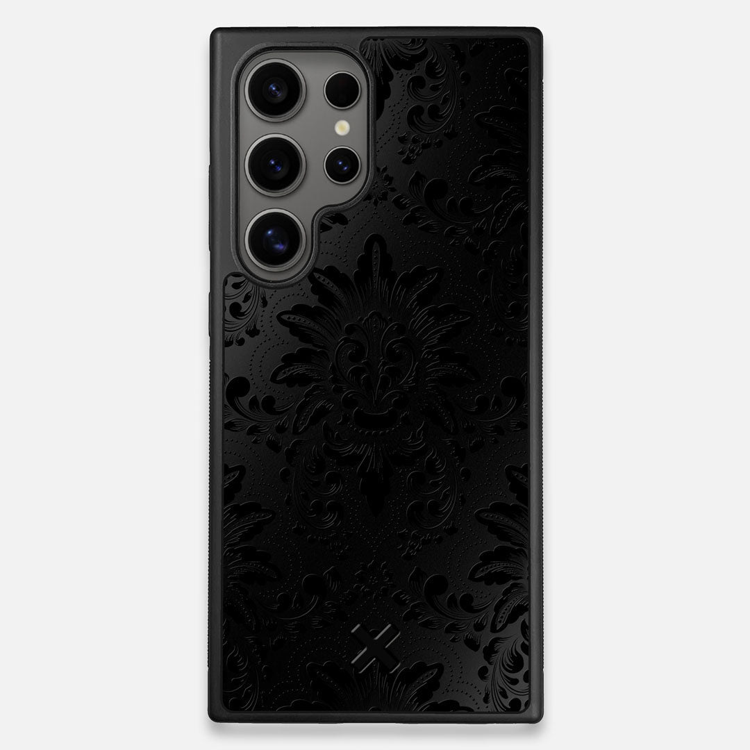 Front view of the detailed gloss Damask pattern printed on matte black impact acrylic Galaxy S25 Ultra Case by Keyway Designs