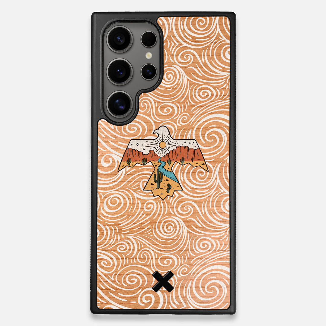 Front view of the double-exposure style eagle over flowing gusts of wind printed on Cherry wood Galaxy S25 Ultra Case by Keyway Designs