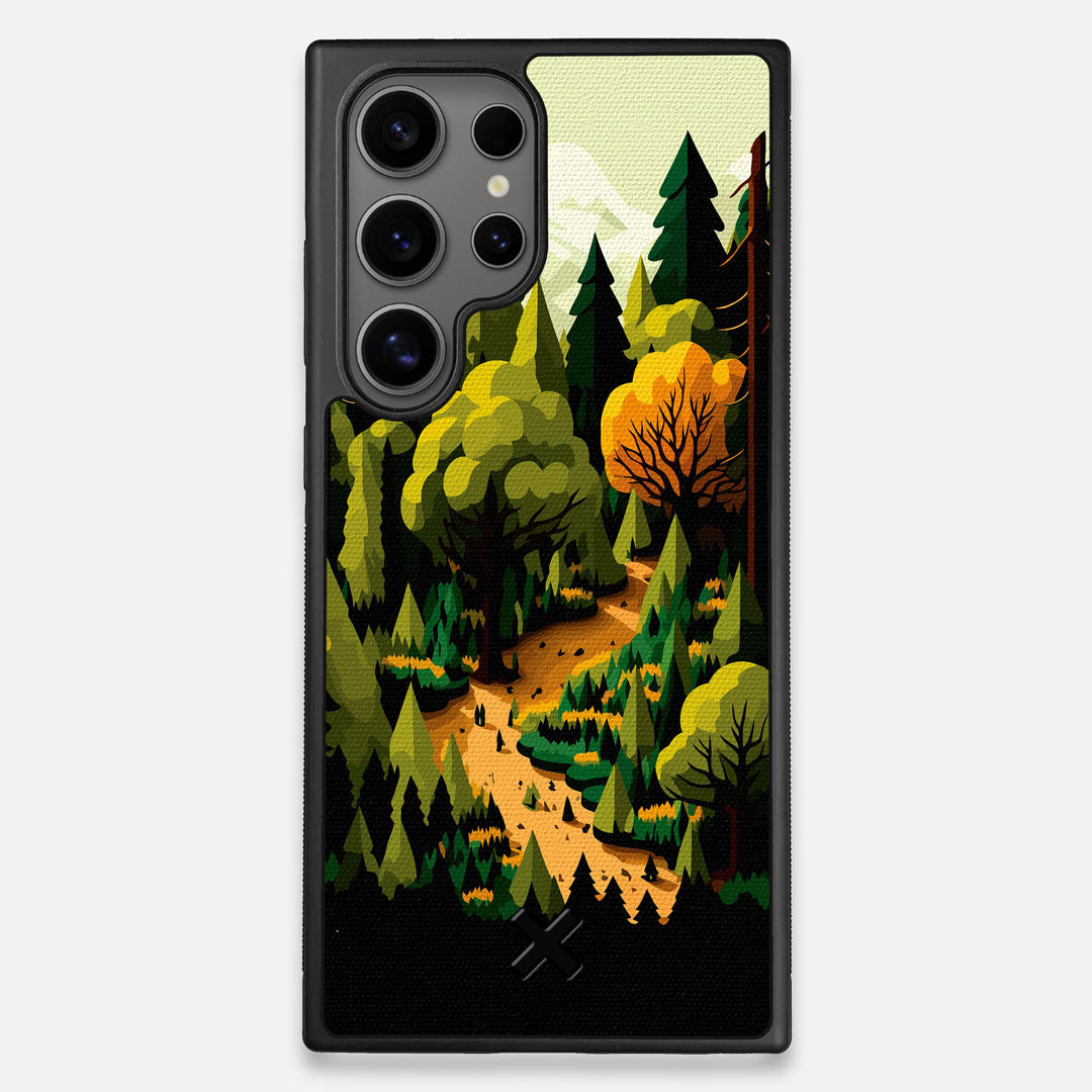 Front view of the stylized quiet forest path making it's way through the evergreen trees printed to cotton canvas Galaxy S25 Ultra Case by Keyway Designs