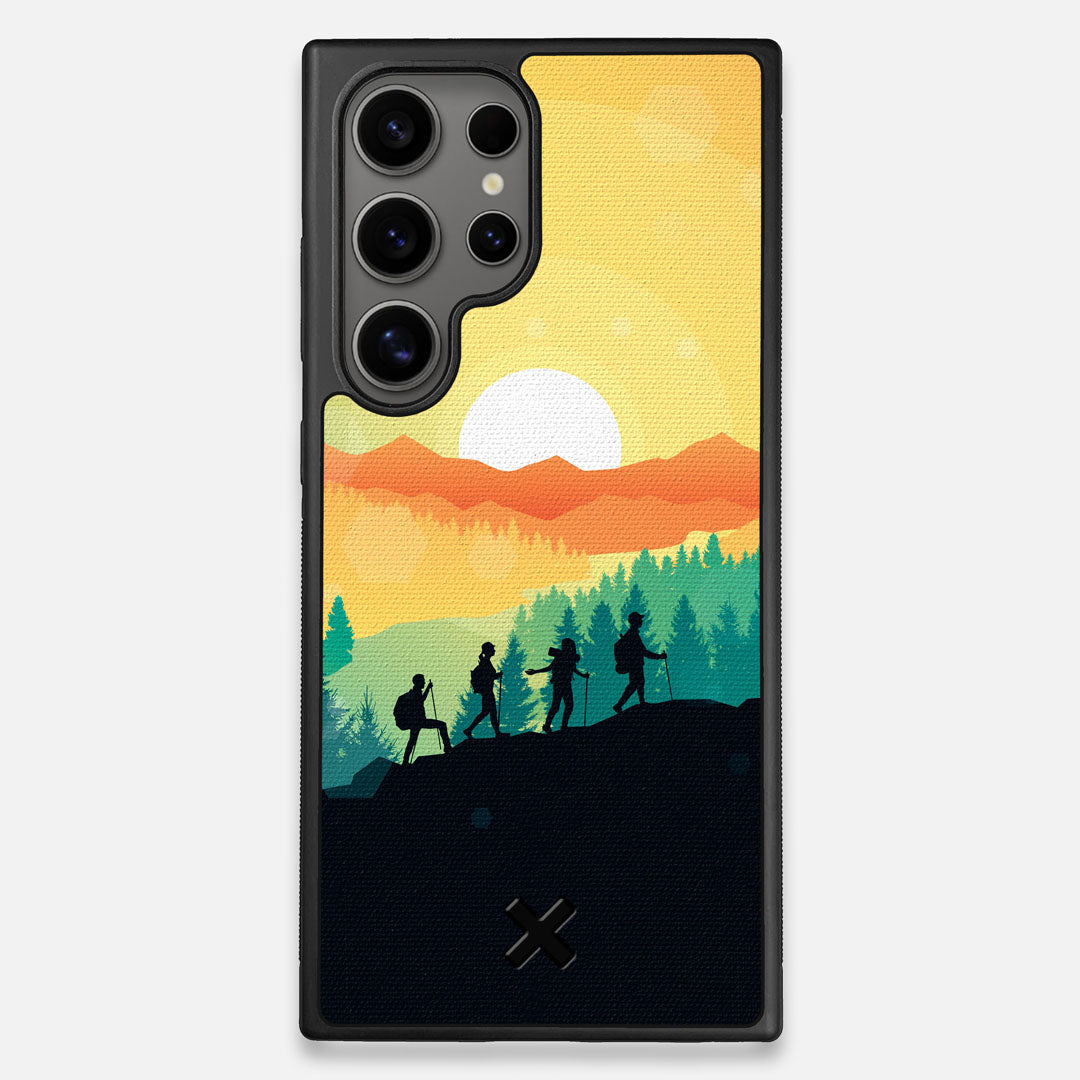 Front view of the stylized group of travellers on an expedition in the mountains printed to cotton canvas Galaxy S25 Ultra Case by Keyway Designs