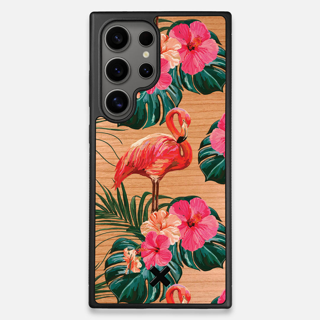 Front view of the Flamingo & Floral printed Cherry Wood Galaxy S25 Ultra Case by Keyway Designs