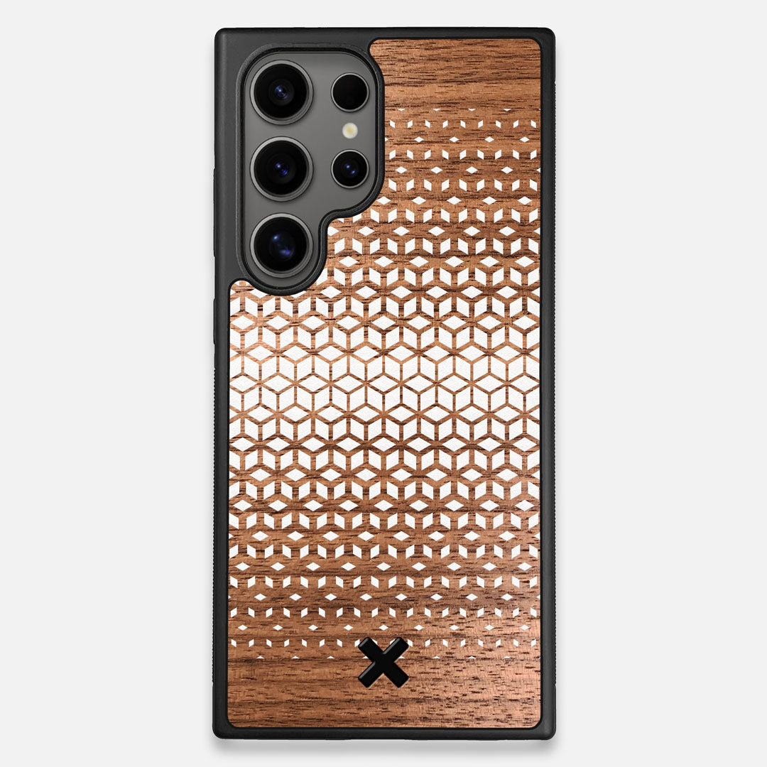 Front view of the white ink geometric gradient printed on Walnut wood Galaxy S25 Ultra Case by Keyway Designs