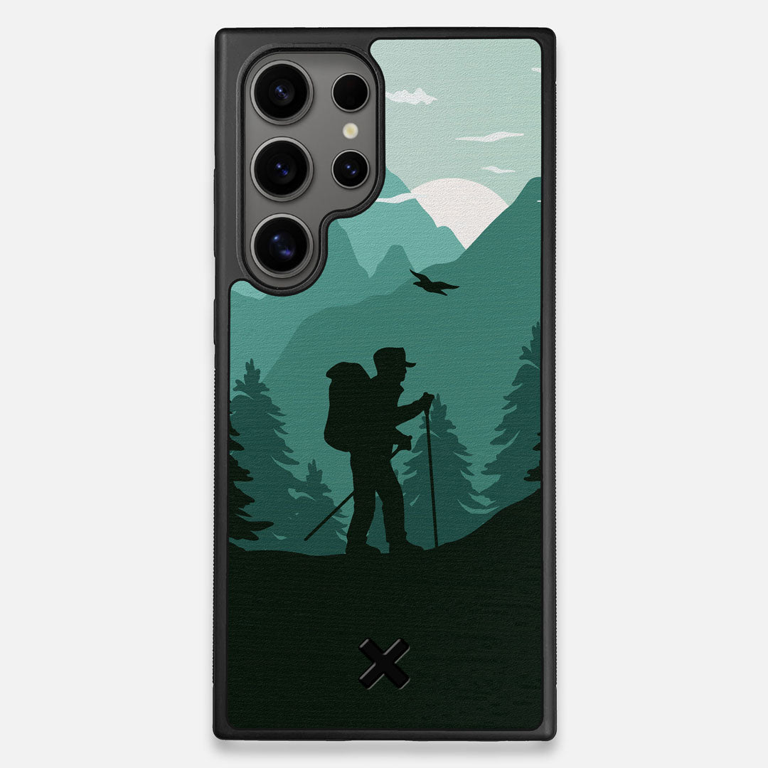 Front view of the stylized mountain hiker print on Wenge wood Galaxy S25 Ultra Case by Keyway Designs