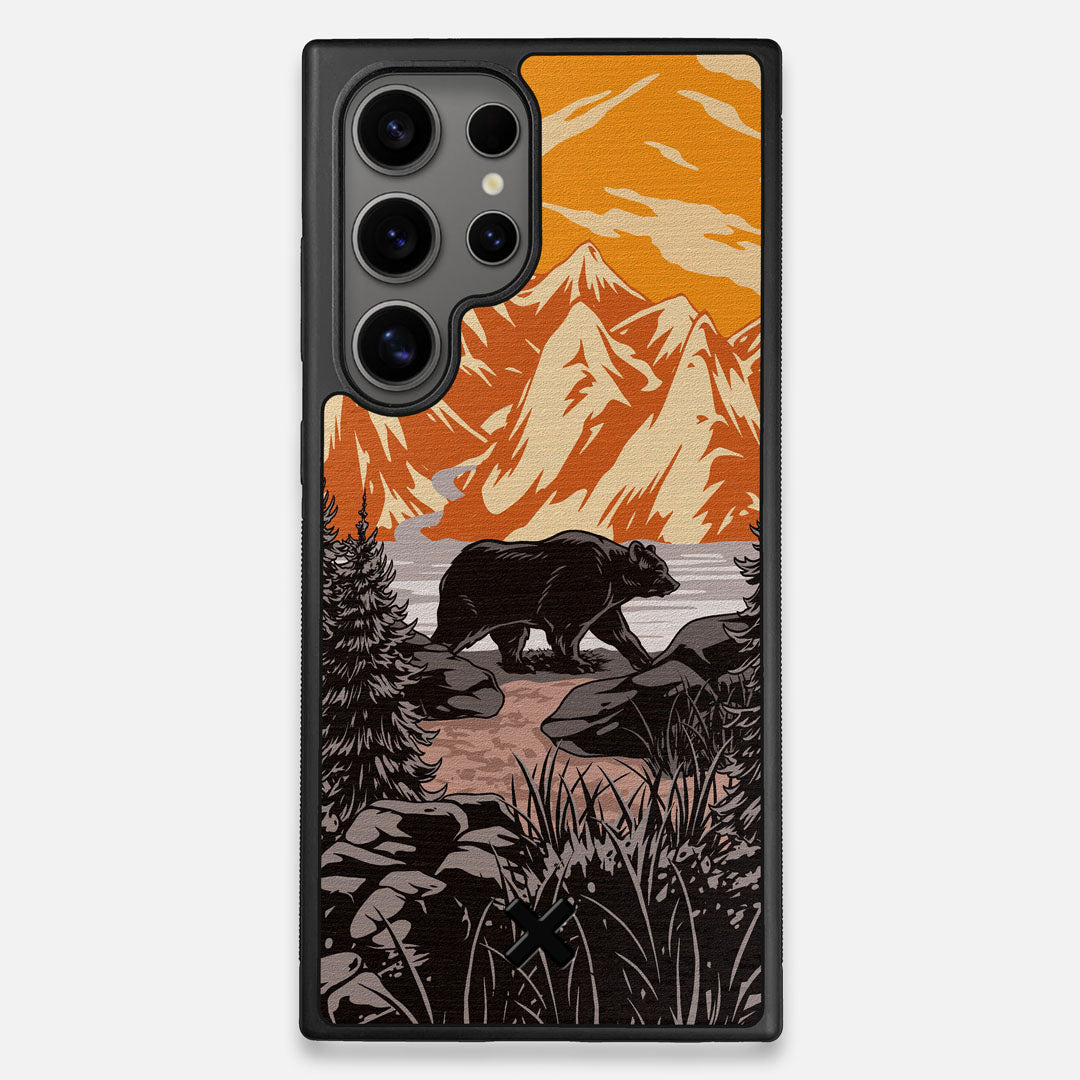 Front view of the stylized Kodiak bear in the mountains print on Wenge wood Galaxy S25 Ultra Case by Keyway Designs