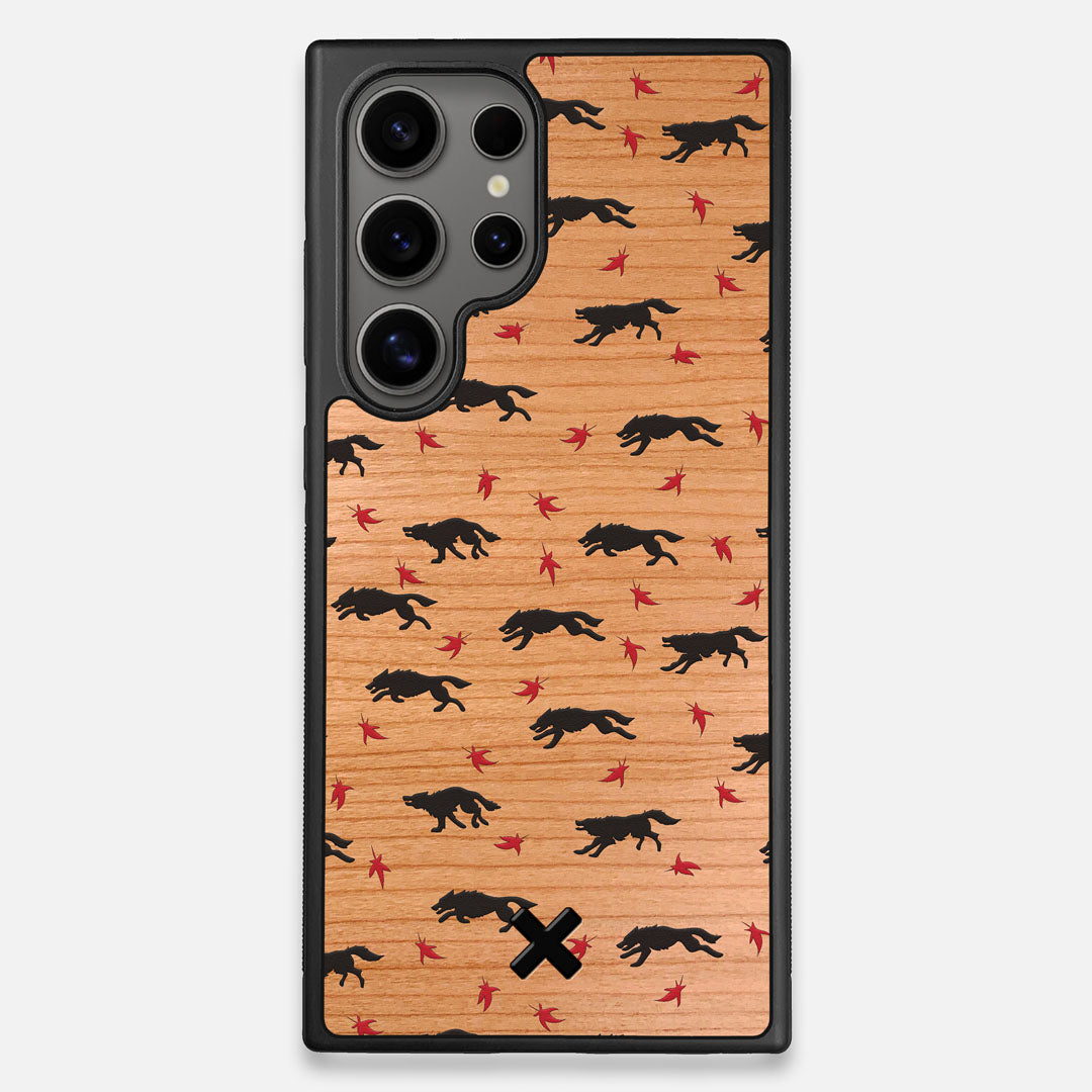 Front view of the unique pattern of wolves and Maple leaves printed on Cherry wood Galaxy S25 Ultra Case by Keyway Designs