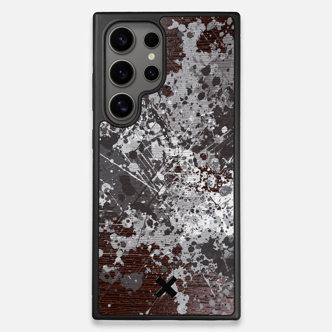 Front view of the aggressive, monochromatic splatter pattern overprintedprinted Wenge Wood Galaxy S25 Ultra Case by Keyway Designs