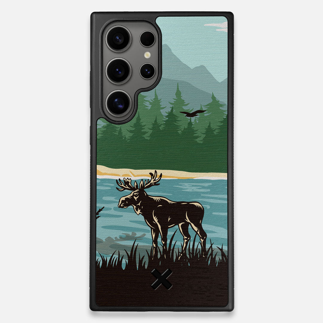 Front view of the stylized bull moose forest print on Wenge wood Galaxy S25 Ultra Case by Keyway Designs