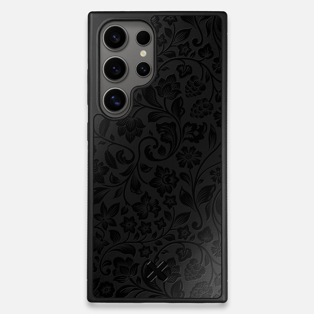 Front view of the highly detailed midnight floral engraving on matte black impact acrylic Galaxy S25 Ultra Case by Keyway Designs