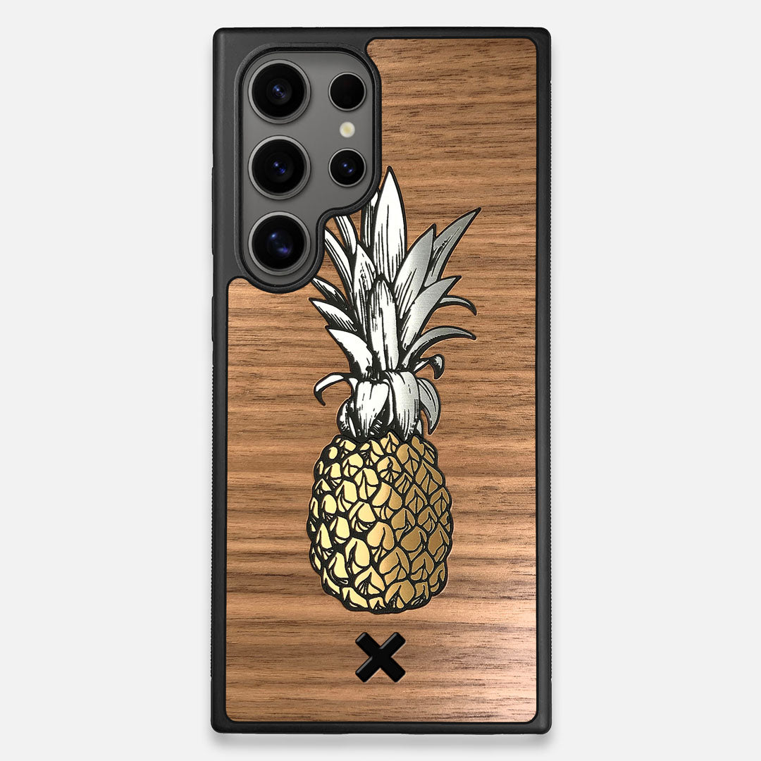 Front view of the Pineapple Walnut Wood Galaxy S25 Ultra Case by Keyway Designs