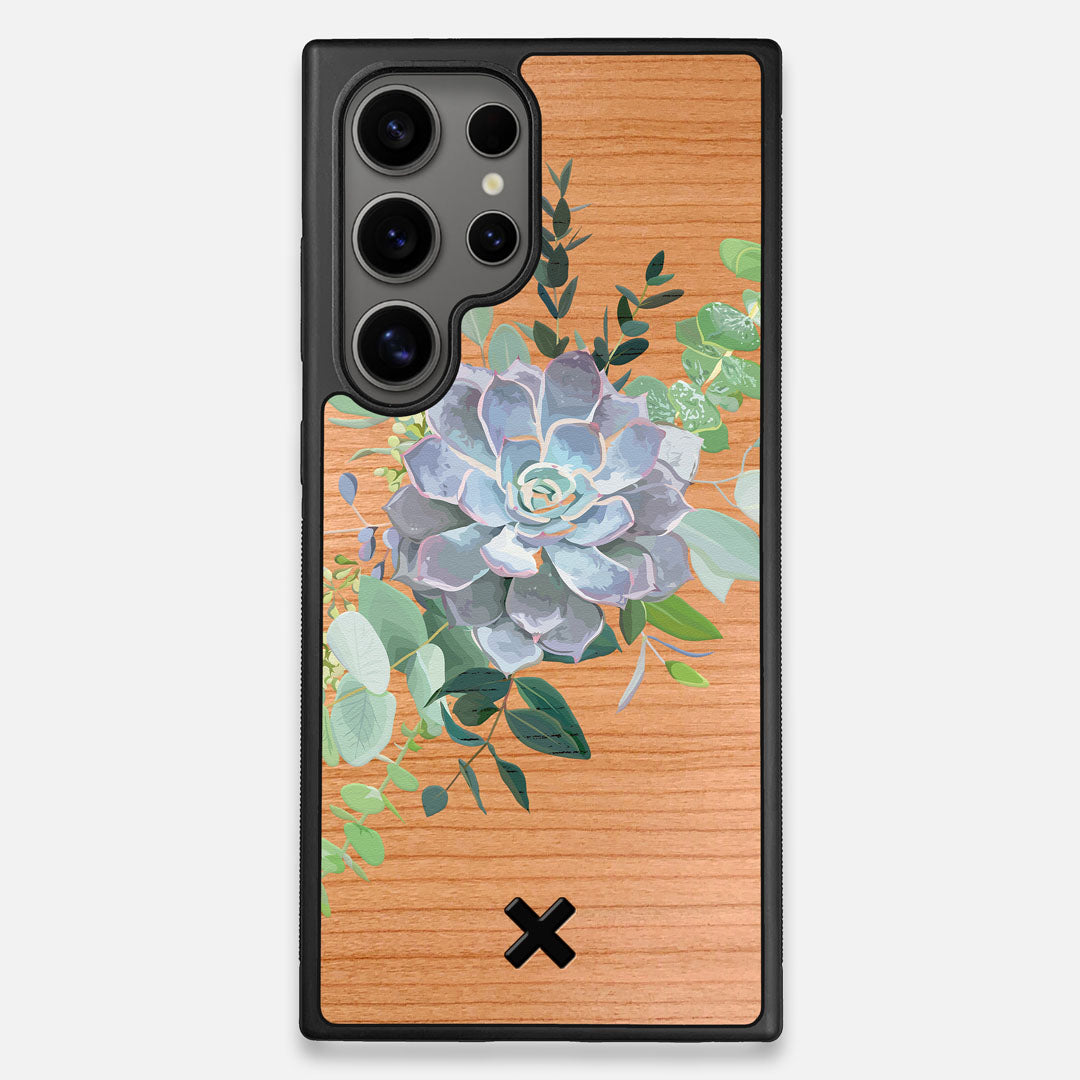 Front view of the print centering around a succulent, Echeveria Pollux on Cherry wood Galaxy S25 Ultra Case by Keyway Designs