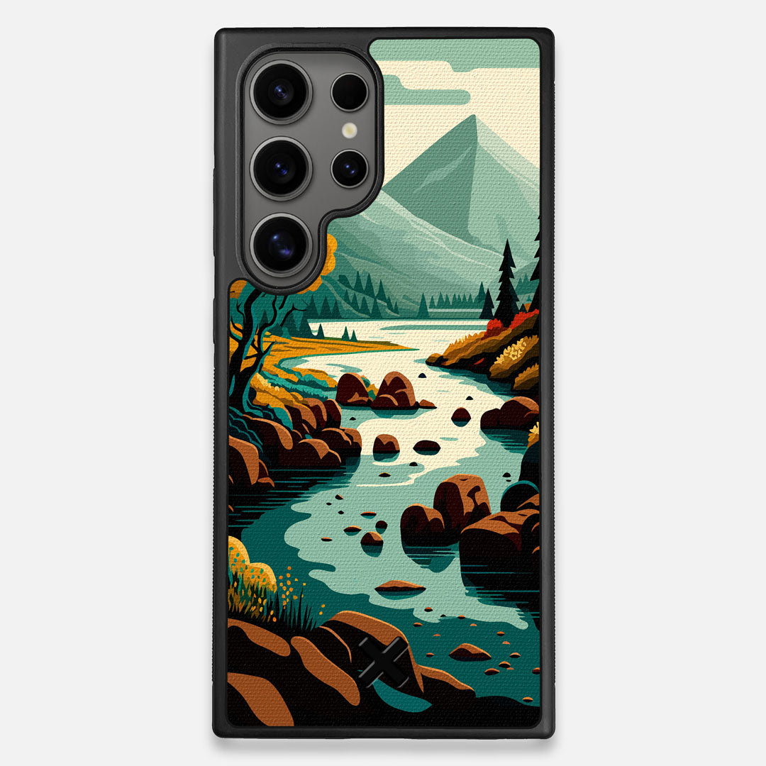 Front view of the stylized calm river flowing towards a lake at the base of the mountains printed to cotton canvas Galaxy S25 Ultra Case by Keyway Designs