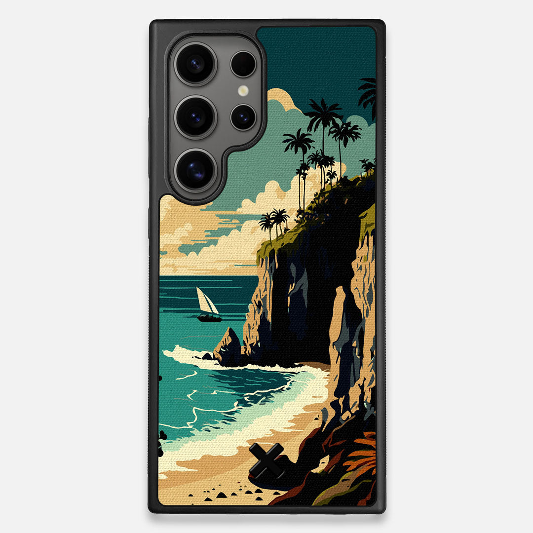 Front view of the stylized seaside bluff with the ocean waves crashing on the shore printed on cotton canvas Galaxy S25 Ultra Case by Keyway Designs