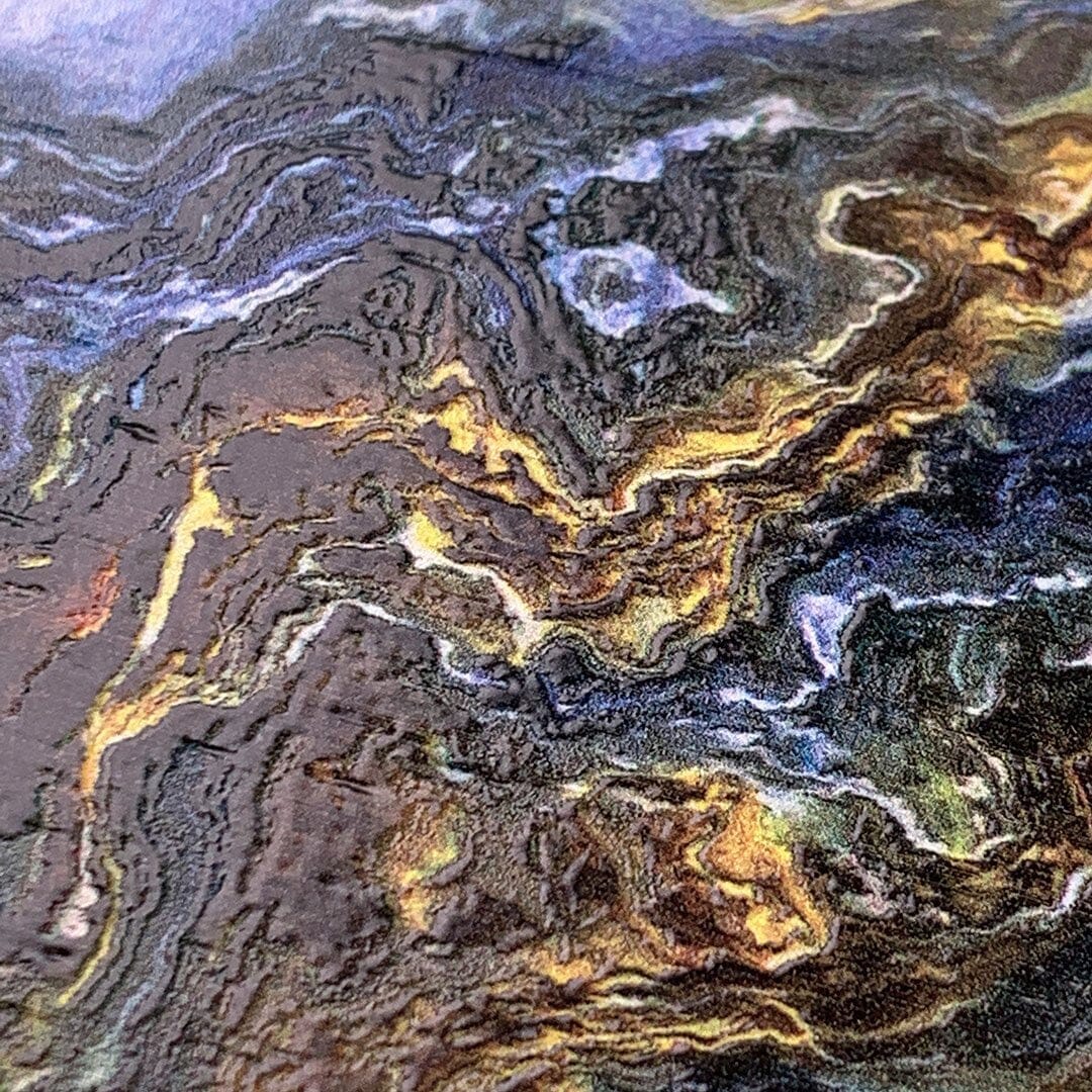 Zoomed in detailed shot of the vibrant and rich Blue & Gold flowing marble pattern printed Wenge Wood iPhone 16 Pro Max MagSafe Case by Keyway Designs