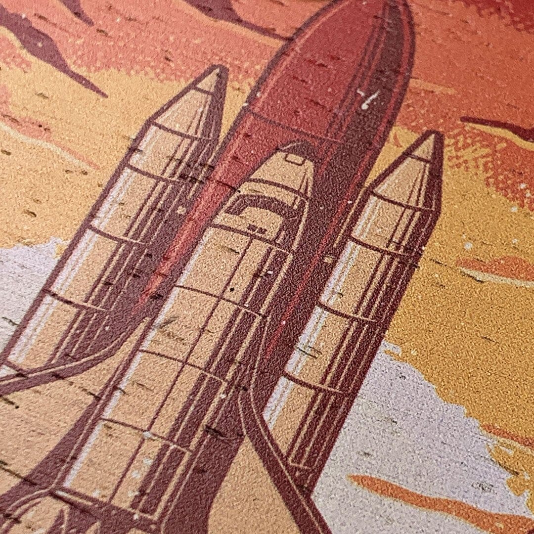 Zoomed in detailed shot of the vibrant stylized space shuttle launch print on Wenge wood Galaxy S25 Case by Keyway Designs