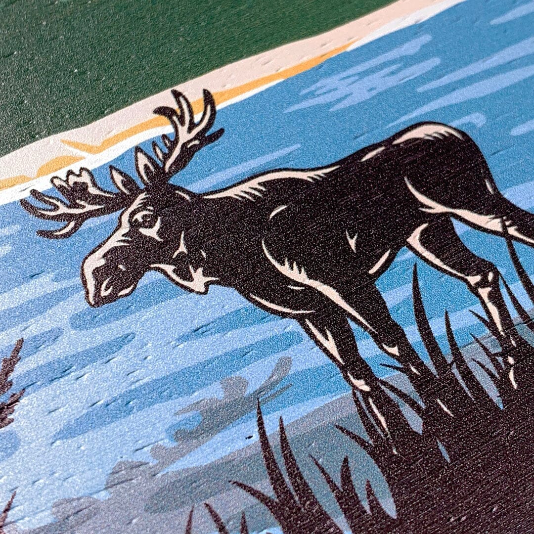 Zoomed in detailed shot of the stylized bull moose forest print on Wenge wood Galaxy S25 Case by Keyway Designs