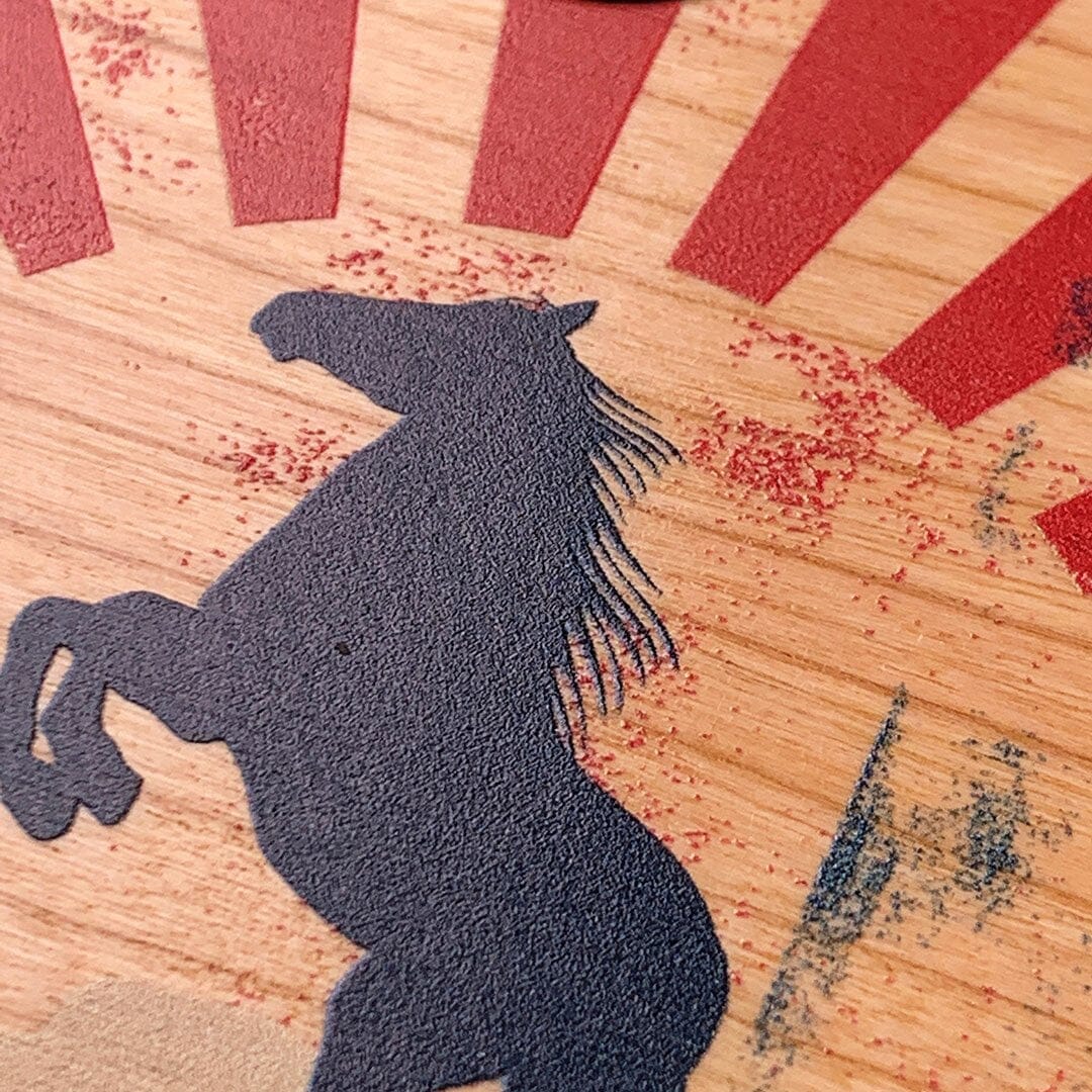 Zoomed in detailed shot of the epic mustang rearing up printed on Cherry wood iPhone 16 MagSafe Case by Keyway Designs