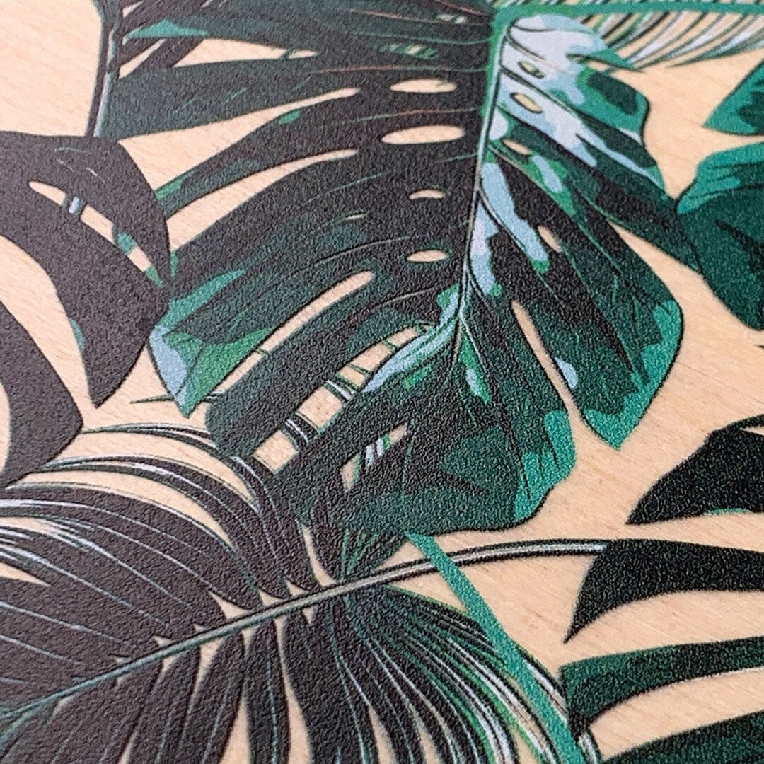 Zoomed in detailed shot of the Palm leaf printed Maple Wood iPhone 16 Plus MagSafe Case by Keyway Designs