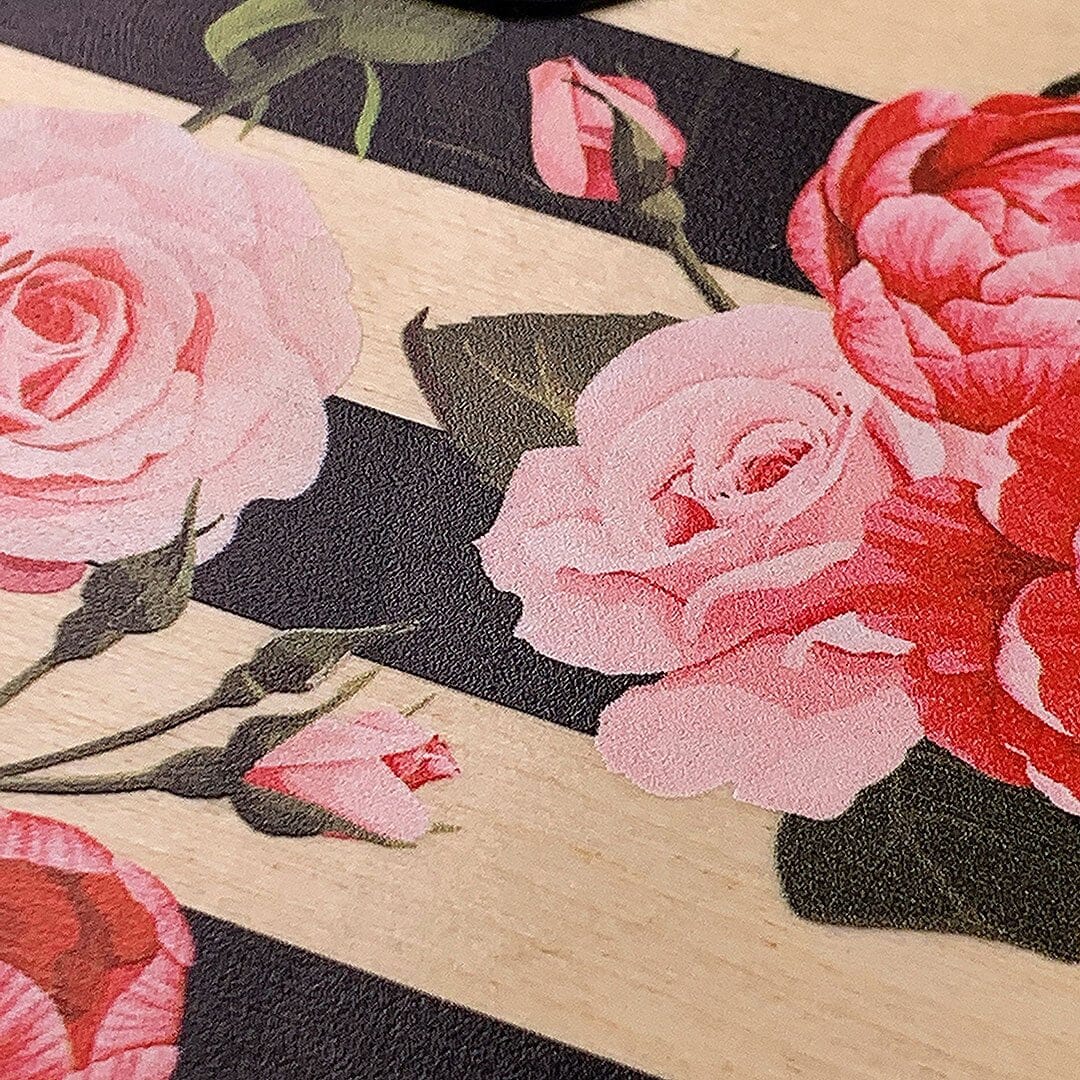 Zoomed in detailed shot of the artsy print of stripes with peonys and roses on Maple wood Galaxy S25 Case by Keyway Designs