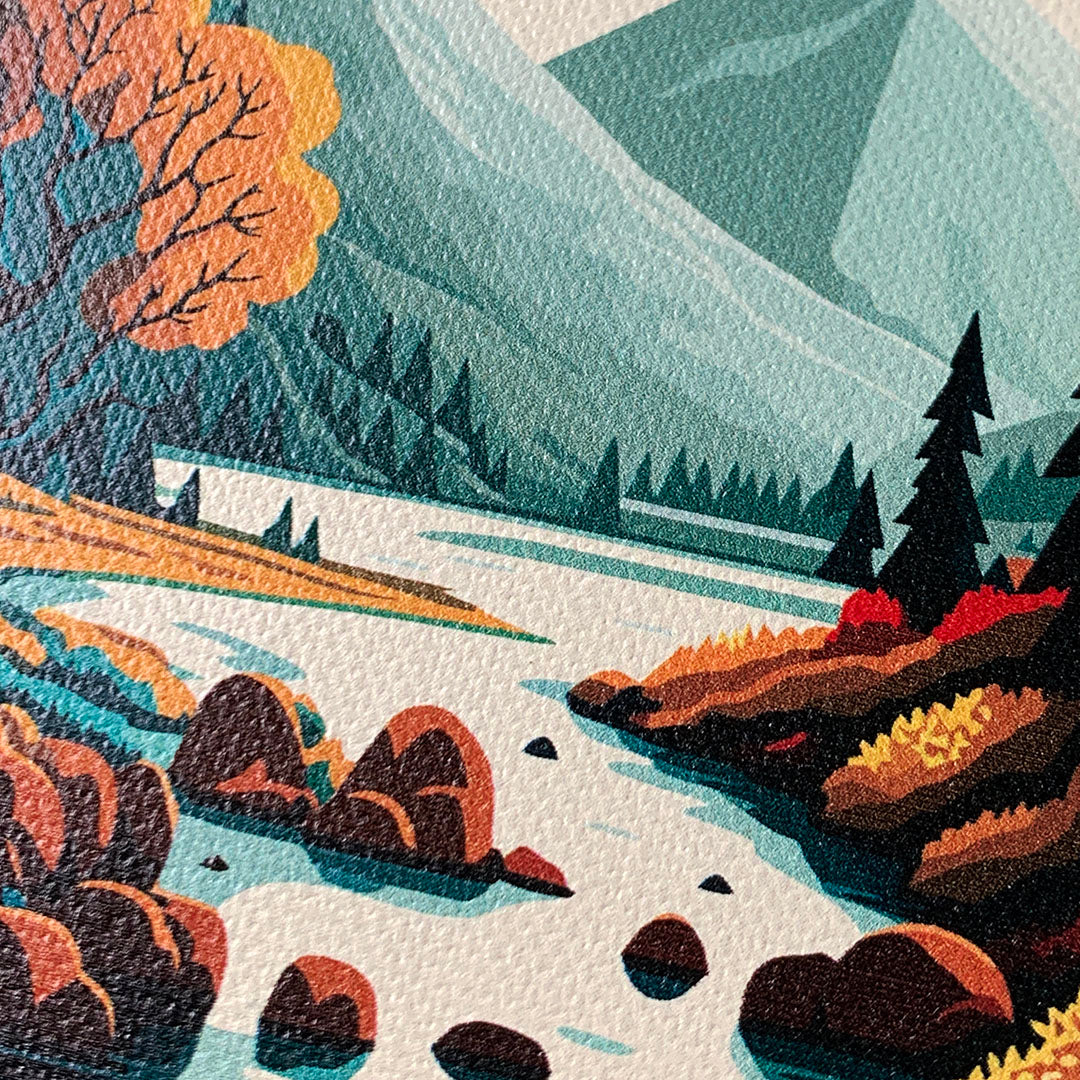 Zoomed in detailed shot of the stylized calm river flowing towards a lake at the base of the mountains printed to cotton canvas iPhone 16 Pro Max MagSafe Case by Keyway Designs