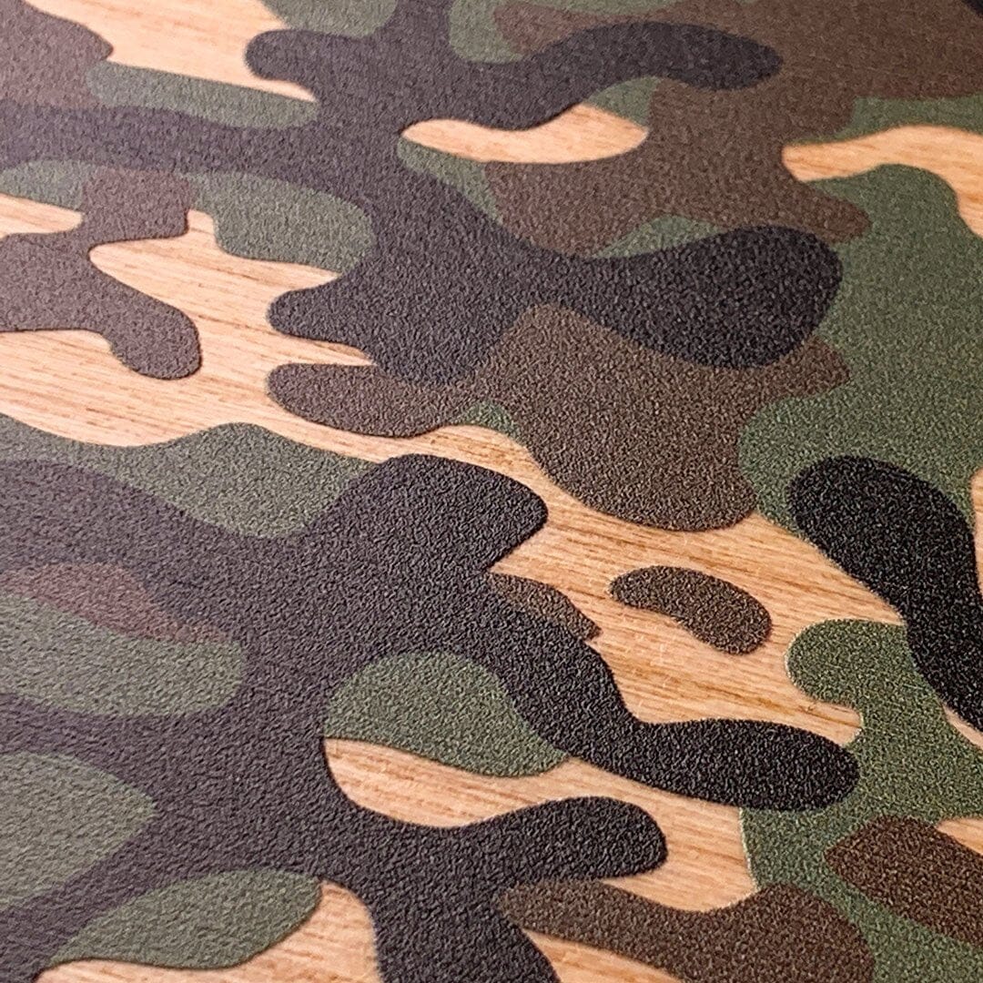 Zoomed in detailed shot of the stealth Paratrooper camo printed Wenge Wood iPhone 16 Plus MagSafe Case by Keyway Designs