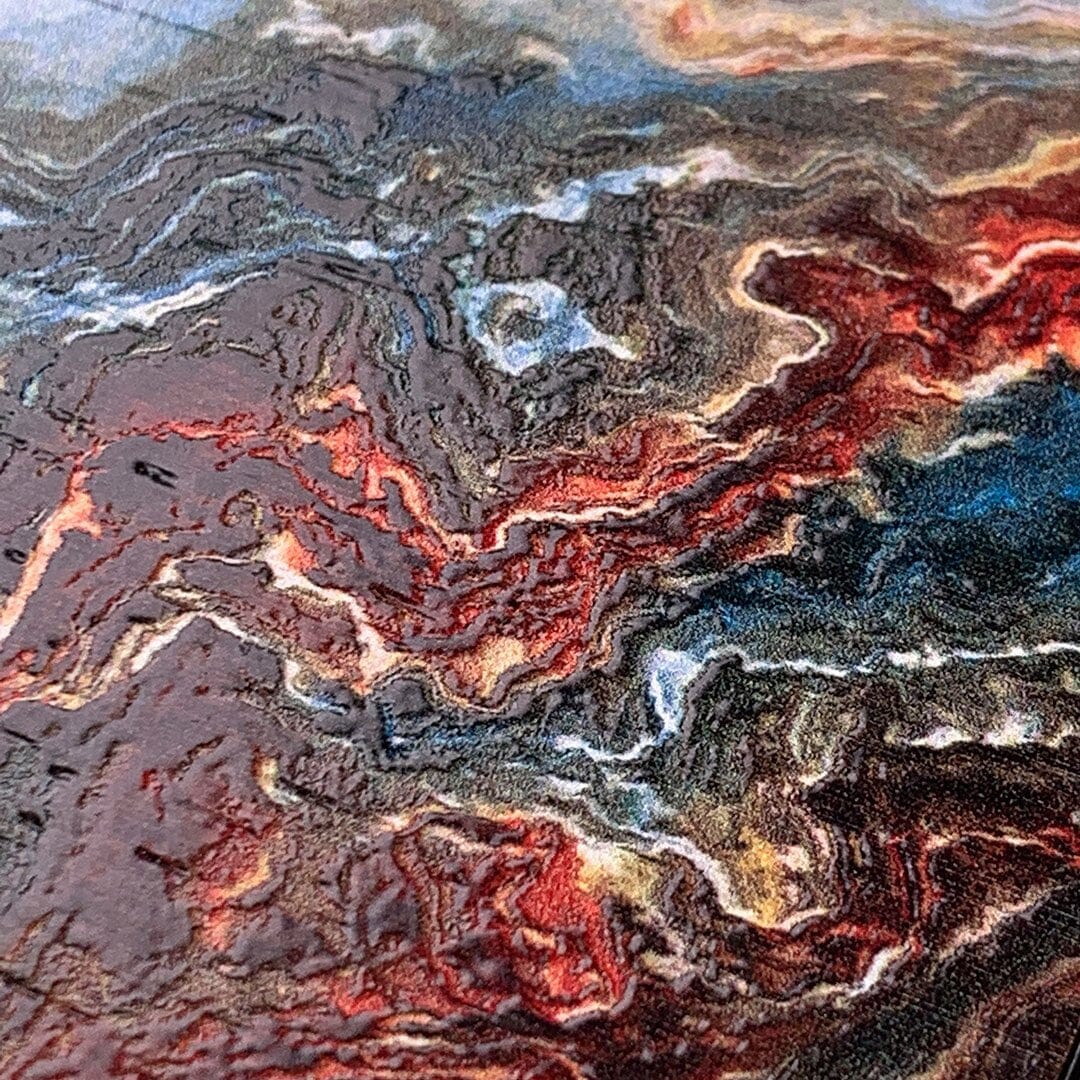 Zoomed in detailed shot of the vibrant and rich Red & Green flowing marble pattern printed Wenge Wood Galaxy S25+ Case by Keyway Designs