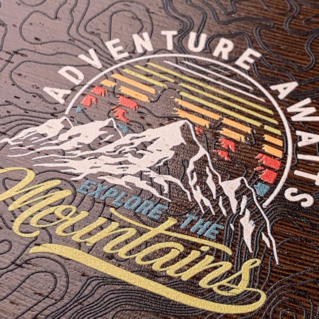 Zoomed in detailed shot of the crisp topographical map with Explorer badge printed on wenge wood Galaxy S25 Ultra Case by Keyway Designs