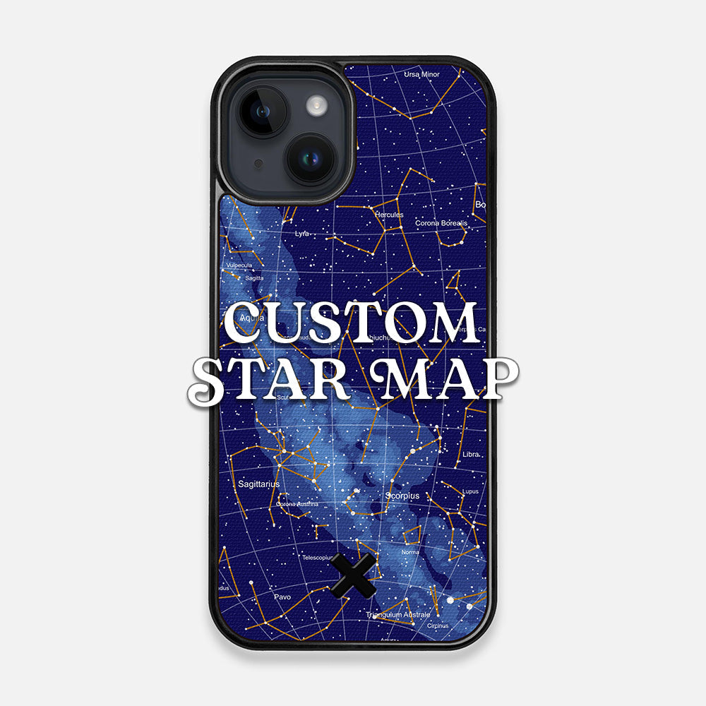 Front view of the Custom Star Map Printed Canvas iPhone 15 Case by Keyway Designs