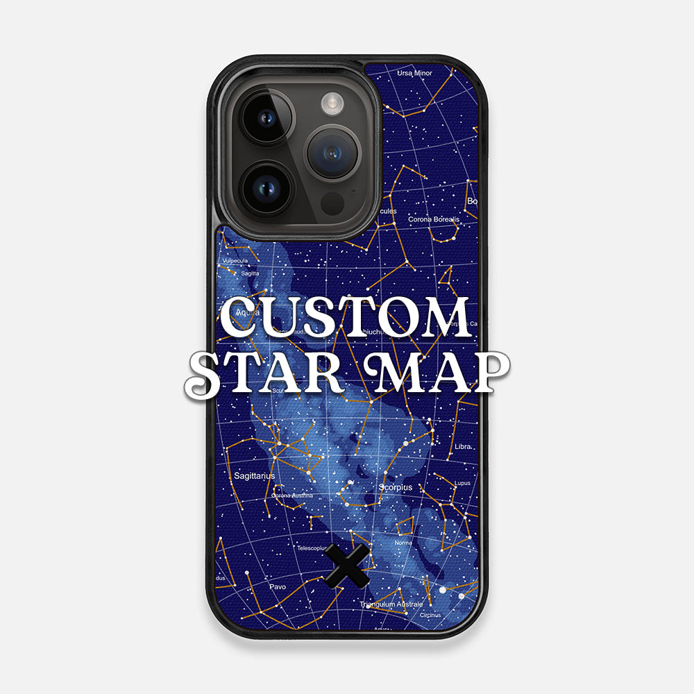 Front view of the Custom Star Map Printed Canvas iPhone 14 Pro Case by Keyway Designs