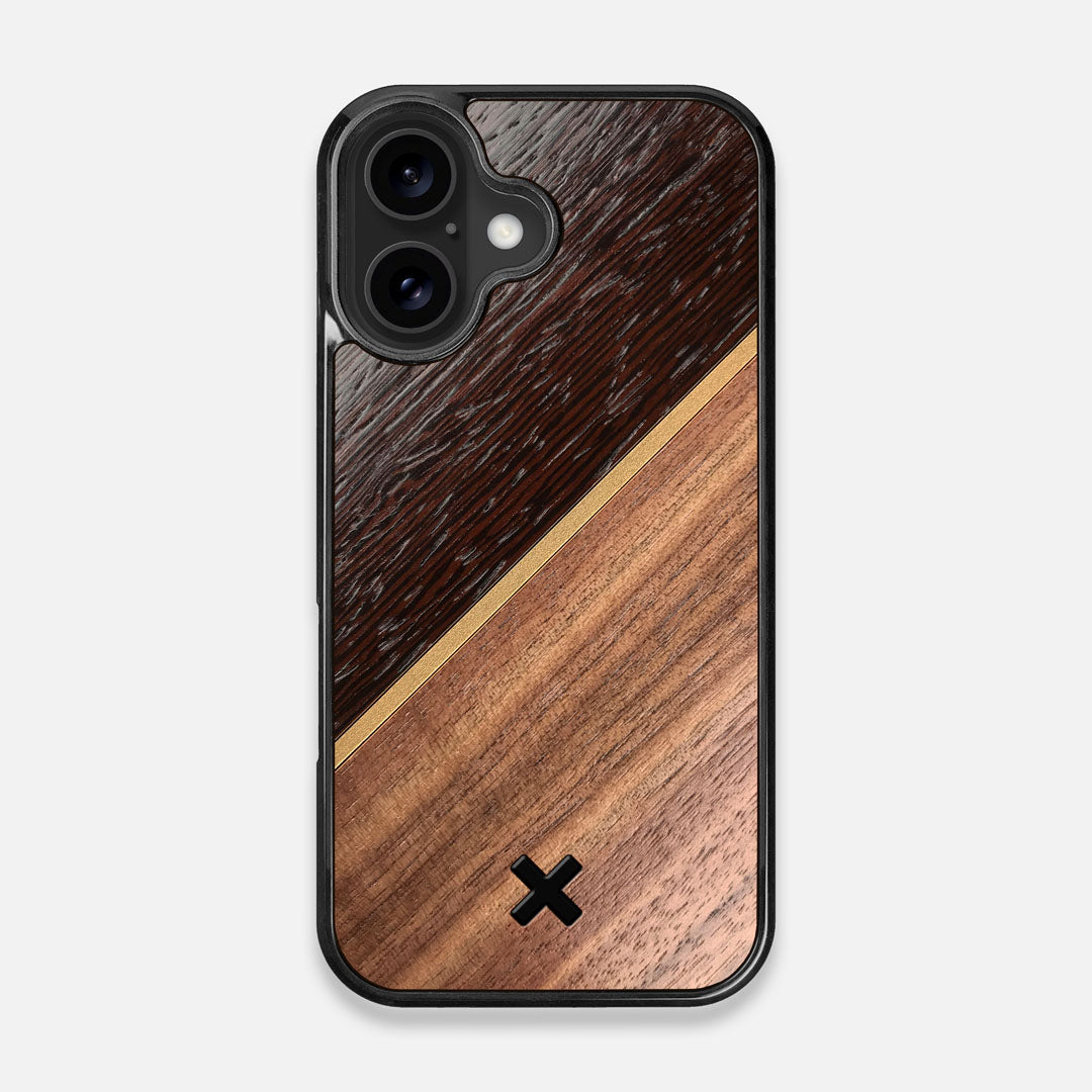 Front view of the Alium Walnut, Gold, and Wenge Elegant Wood iPhone 16 MagSafe Case by Keyway Designs