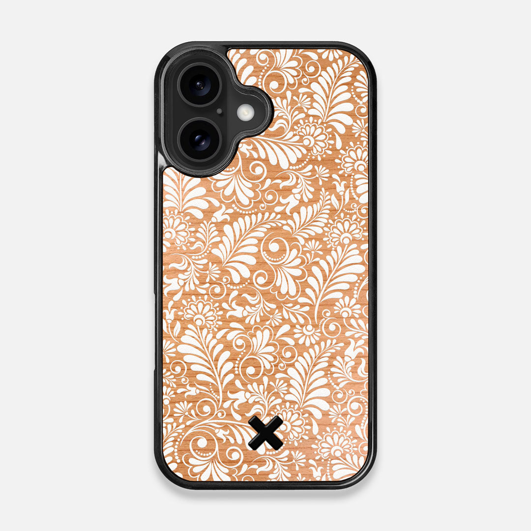 Front view of the white ink flowing botanical print on Cherry wood iPhone 16 MagSafe Case by Keyway Designs