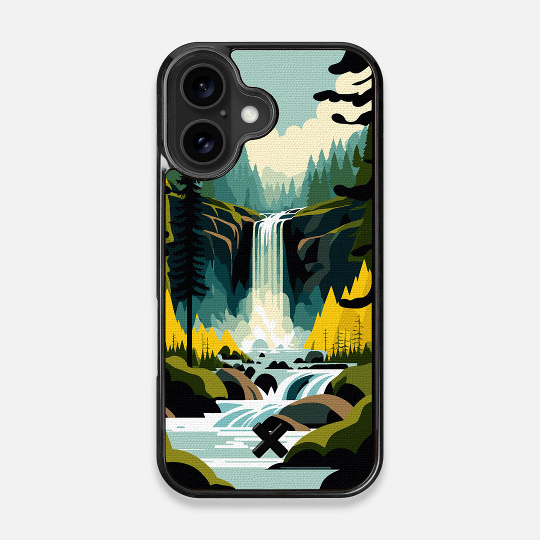 Front view of the stylized peaceful forest waterfall making it's way through the rocks printed to cotton canvas iPhone 16 MagSafe Case by Keyway Designs