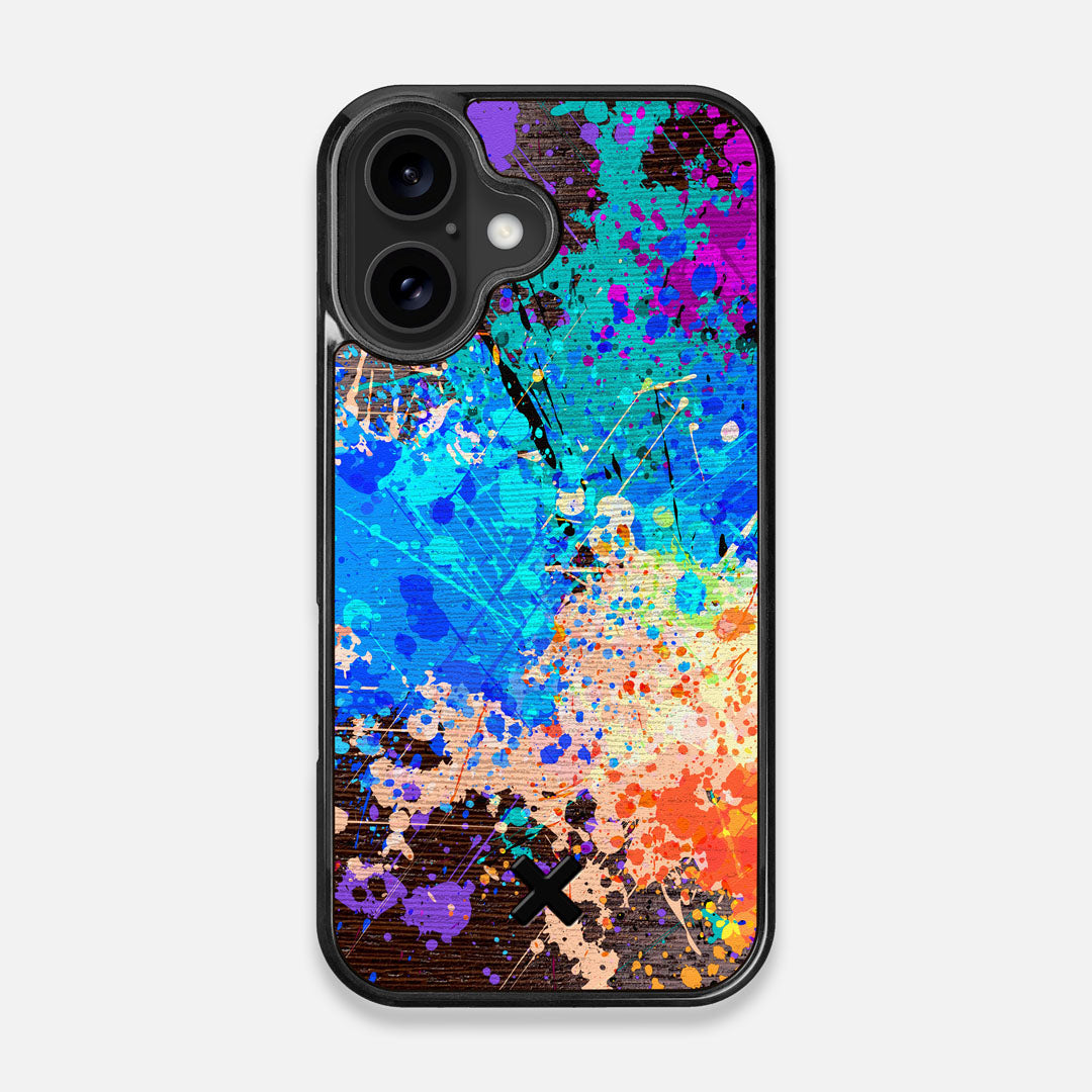 Front view of the realistic paint splatter 'Chroma' printed Wenge Wood iPhone 16 MagSafe Case by Keyway Designs