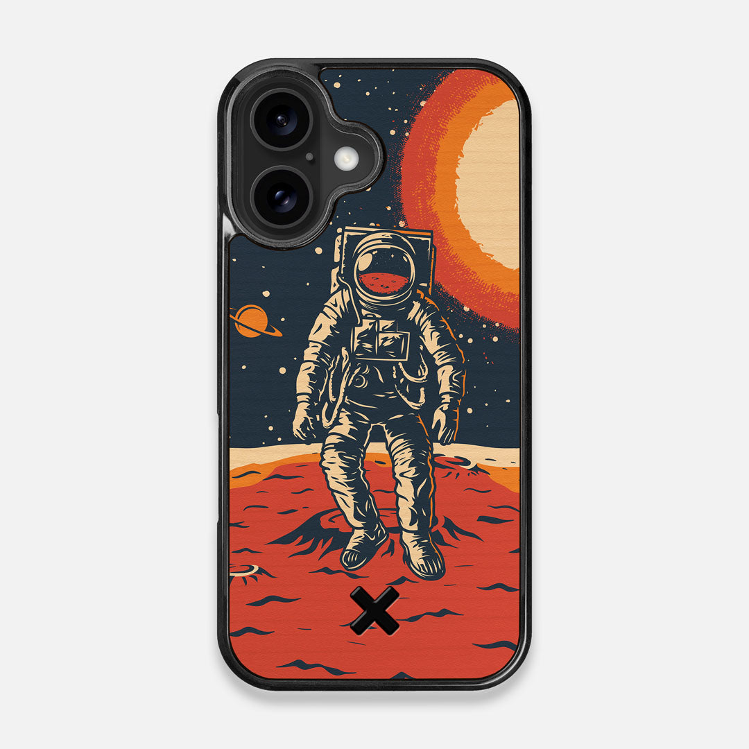 Front view of the stylized astronaut space-walk print on Cherry wood iPhone 16 MagSafe Case by Keyway Designs