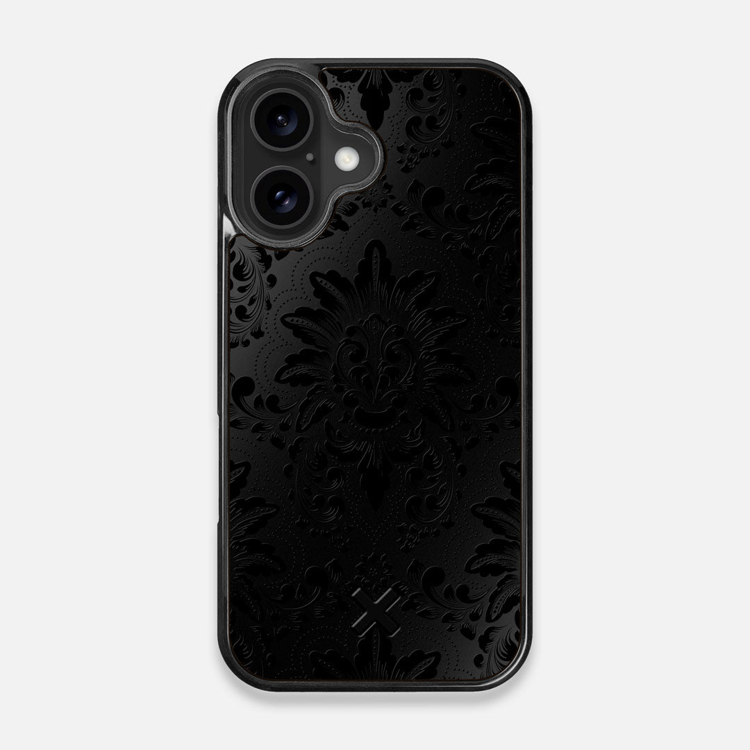 Front view of the detailed gloss Damask pattern printed on matte black impact acrylic iPhone 16 MagSafe Case by Keyway Designs