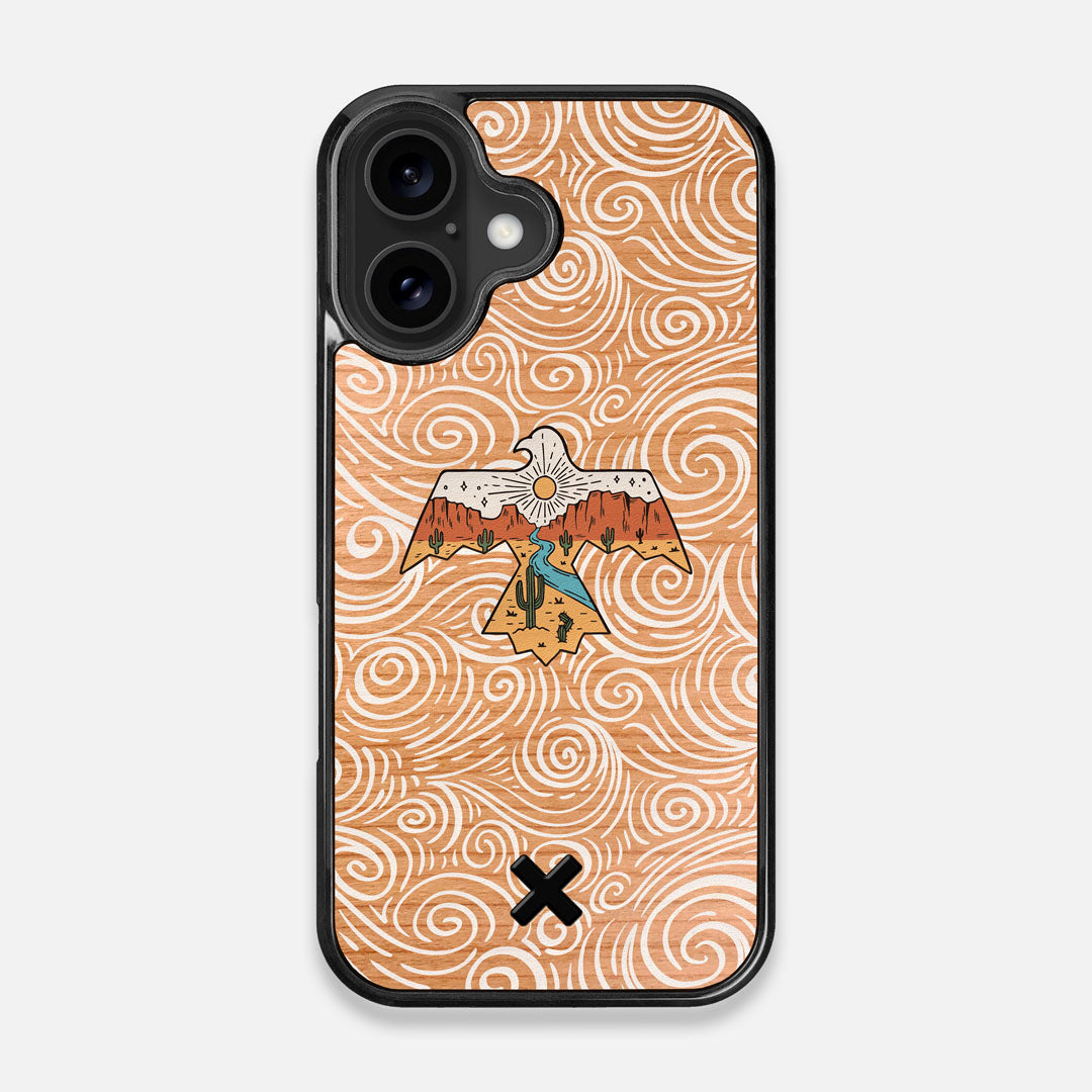 Front view of the double-exposure style eagle over flowing gusts of wind printed on Cherry wood iPhone 16 MagSafe Case by Keyway Designs