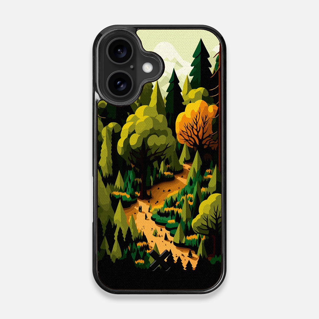 Front view of the stylized quiet forest path making it's way through the evergreen trees printed to cotton canvas iPhone 16 MagSafe Case by Keyway Designs