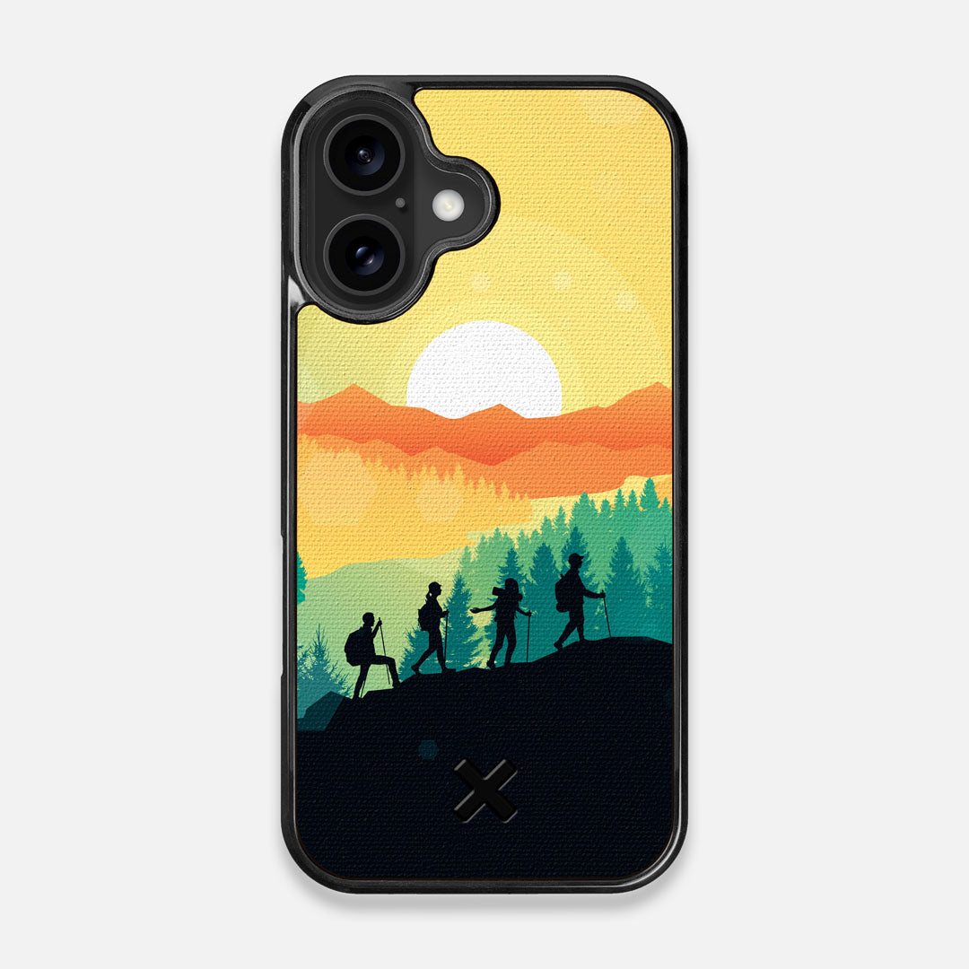 Front view of the stylized group of travellers on an expedition in the mountains printed to cotton canvas iPhone 16 MagSafe Case by Keyway Designs