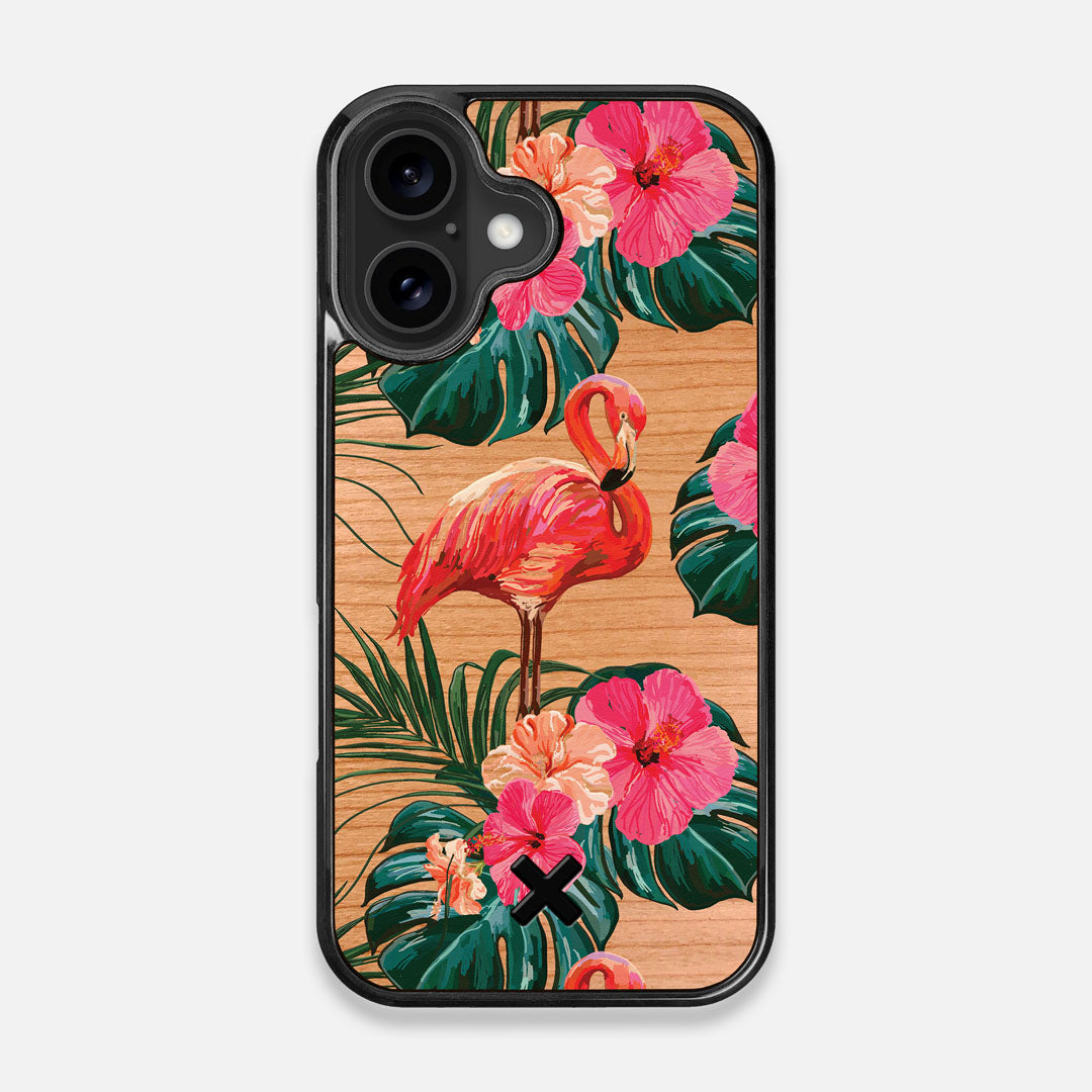 Front view of the Flamingo & Floral printed Cherry Wood iPhone 16 MagSafe Case by Keyway Designs